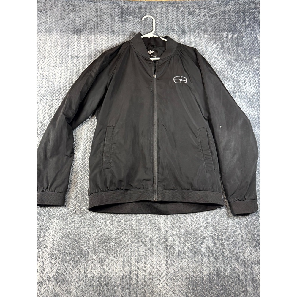 Emporio Armani Bomber Jacket Mens XL Black Lined Logo Wind Resistance Full‎ Zip